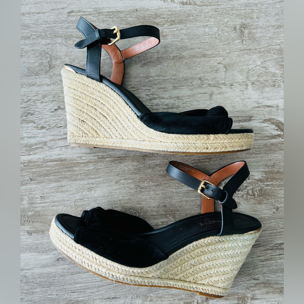 COACH Espadrille Katey Wedge Sandals Black Suede Peep Toe Womens 10 Resort